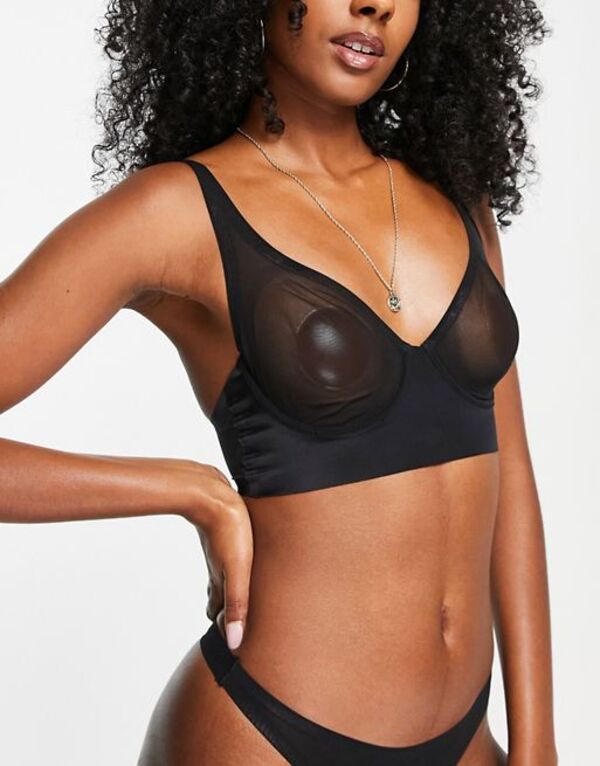 【送料無料】 エイソス レディース ブラジャー アンダーウェア ASOS DESIGN Piper minimal mesh longline underwired bra in black Black