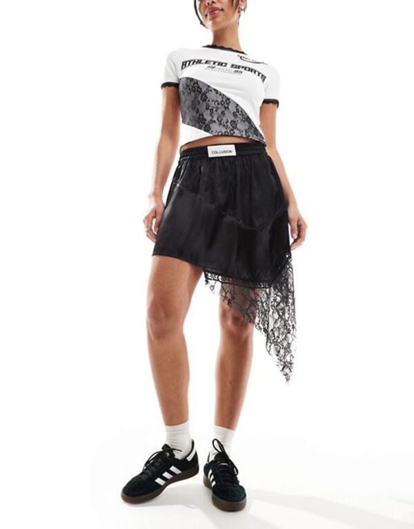 【送料無料】 コルージョン レディース スカート ボトムス COLLUSION asymmetric mini skirt with satin and lace jacquard mix in black Black