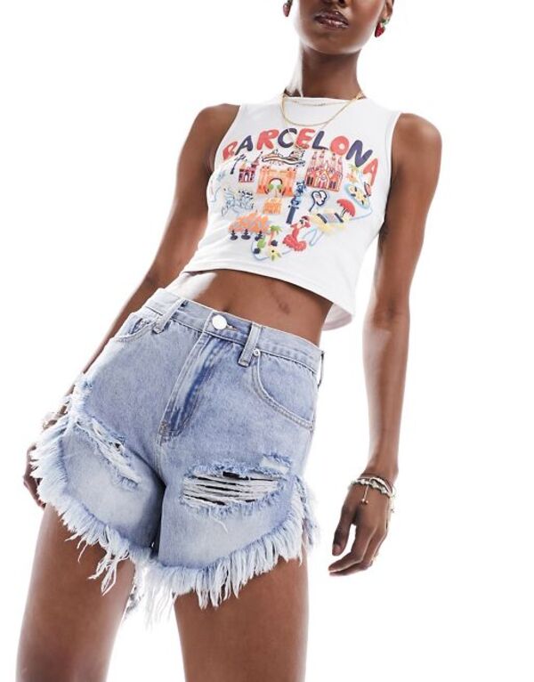 楽天ReVida 楽天市場店【送料無料】 グラマラス レディース ハーフパンツ・ショーツ ボトムス Glamorous step hem distressed acid wash denim shorts Bleach acid wash