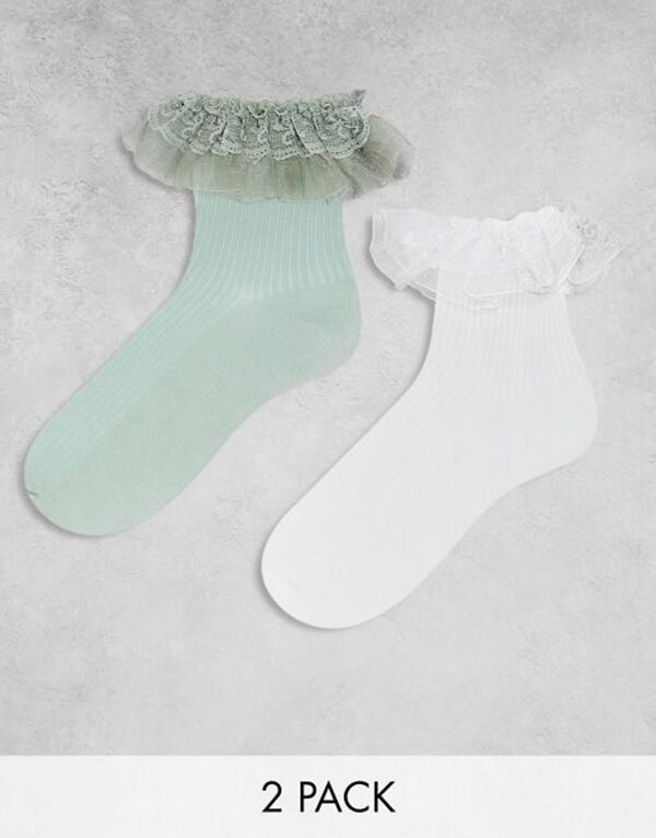 yz L fB[X C A_[EFA Monki 2 pack frill ankle socks in white and green Multi