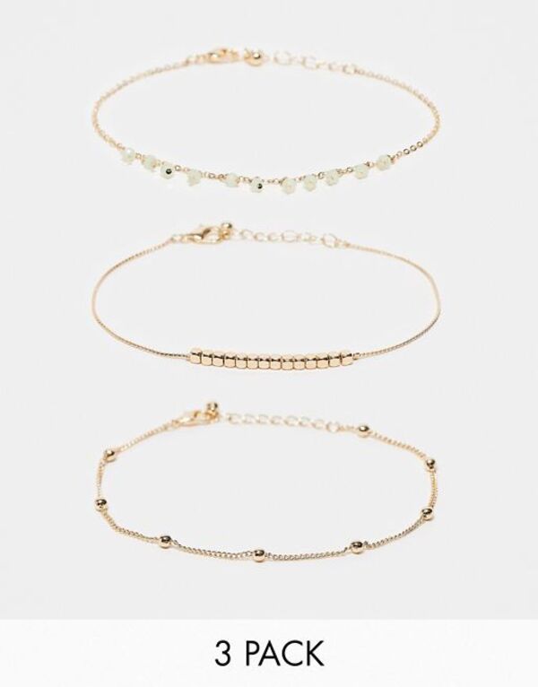 エイソス 【送料無料】 エイソス レディース ブレスレット・バングル・アンクレット アクセサリー ASOS DESIGN pack of 3 anklets with green bead design Gold