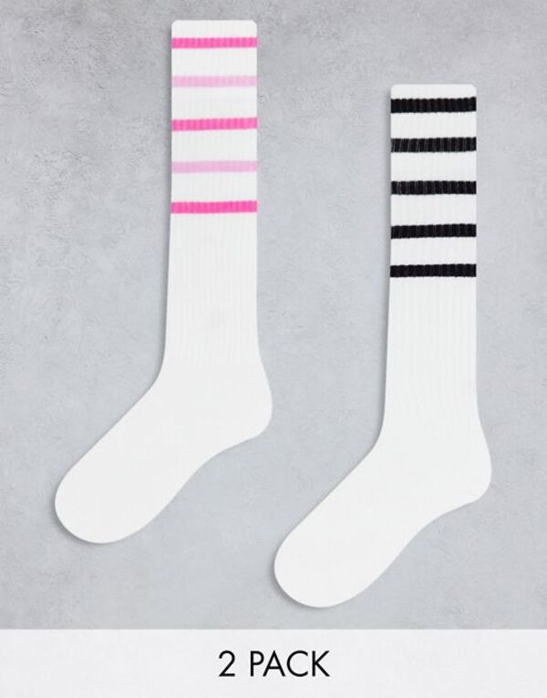 yz L fB[X C A_[EFA Monki 2 pack knee high socks with stripes in white White