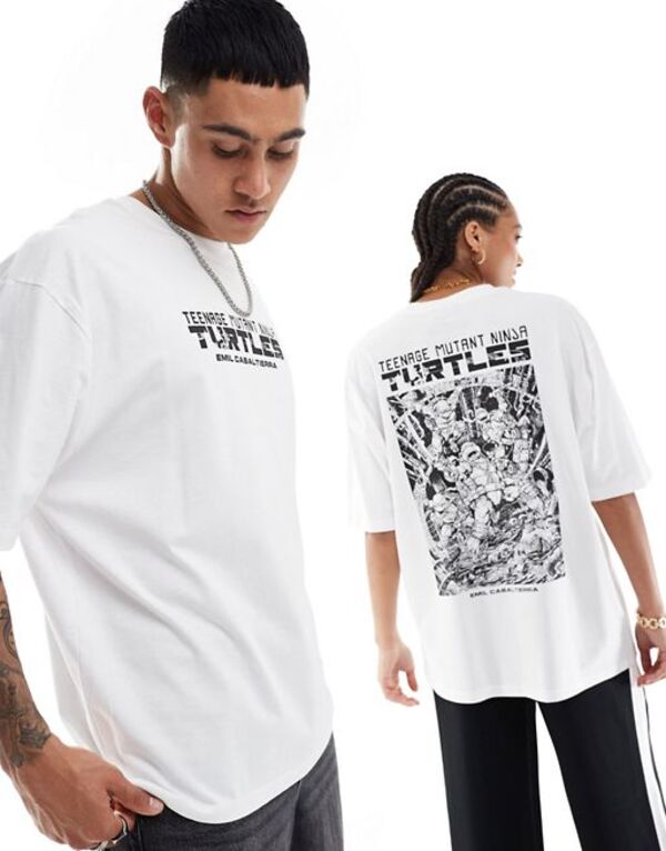 【送料無料】 エイソス レディース Tシャツ トップス ASOS DESIGN unisex oversized licensed graphic t-shirt in white with Teenage Mutant Ninja Turtles prints WHITE