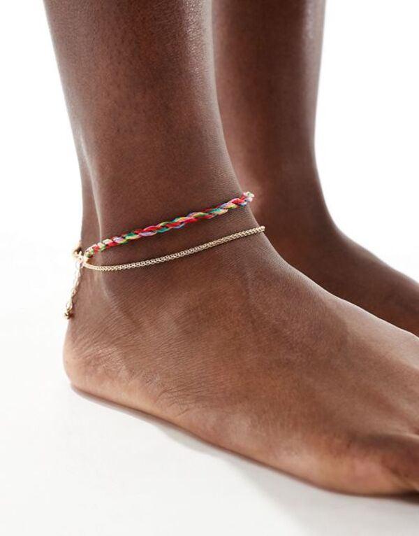  エイソス レディース ブレスレット・バングル・アンクレット アクセサリー ASOS DESIGN multirow anklet with twisted thread and fine chain in gold tone Gold