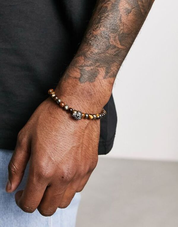 エイソス 【送料無料】 エイソス メンズ ブレスレット・バングル・アンクレット アクセサリー ASOS DESIGN beaded bracelet with brown and stainless steel beads BROWN