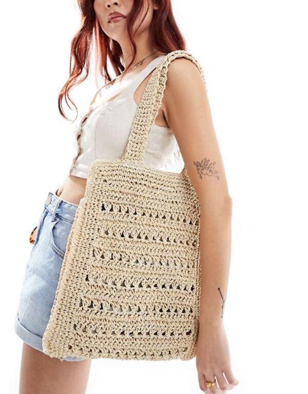 【送料無料】 エイソス レディース トートバッグ バッグ ASOS DESIGN straw hand crochet square tote bag with open weave Natural