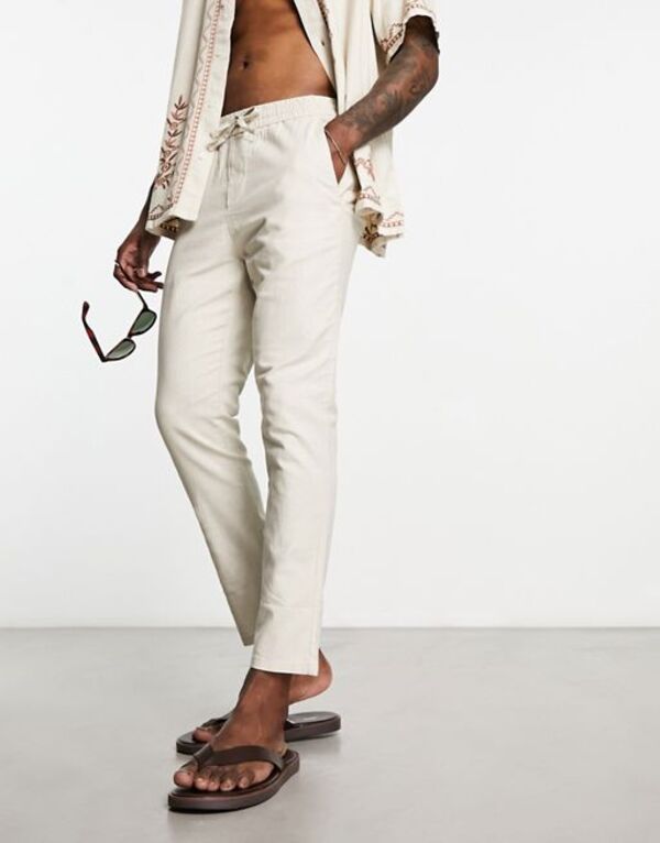 【送料無料】 オンリーアンドサンズ メンズ カジュアルパンツ ボトムス Only & Sons linen mix tapered fit pants in beige Silver Lining