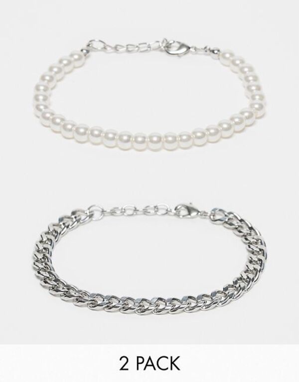 エイソス 【送料無料】 エイソス メンズ ブレスレット・バングル・アンクレット アクセサリー ASOS DESIGN 2 pack bracelet set with chain and 6mm faux pearl in silver tone WHITE