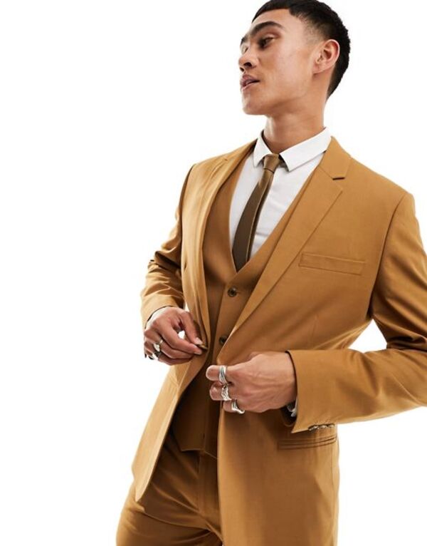 【送料無料】 エイソス メンズ ジャケット・ブルゾン アウター ASOS DESIGN skinny suit jacket in tobacco Tobacco