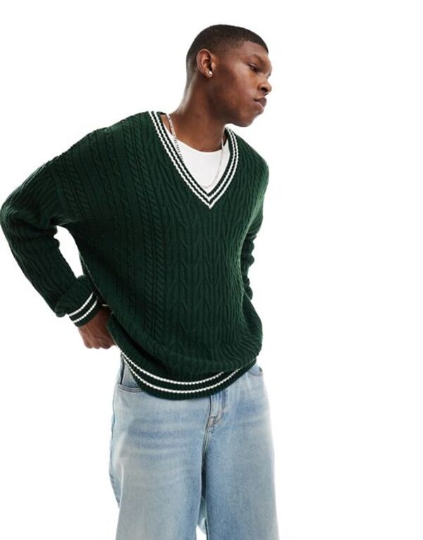 【送料無料】 エイソス メンズ ニット・セーター アウター ASOS DESIGN oversized cable knit cricket sweater in green & white tipping GREEN