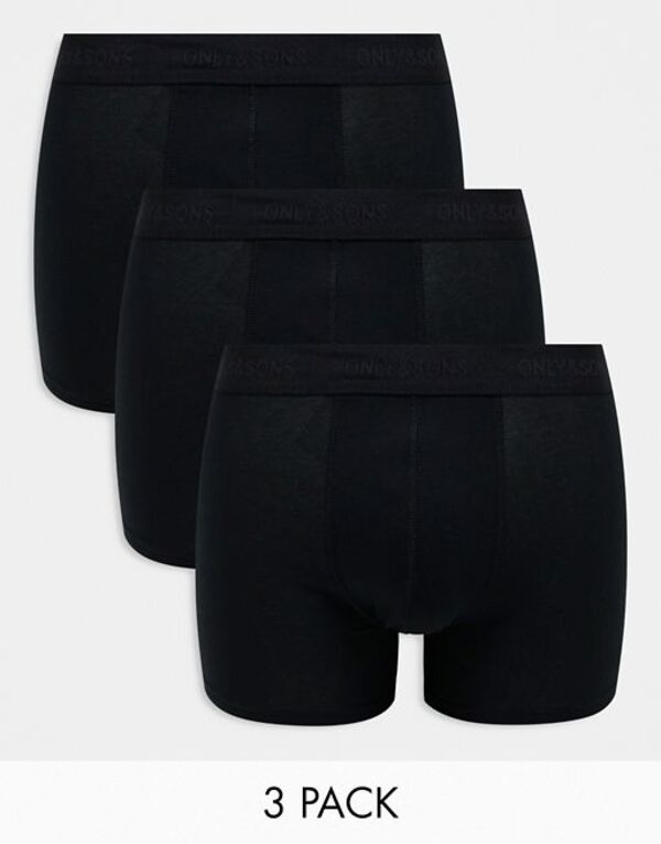  オンリーアンドサンズ メンズ ボクサーパンツ アンダーウェア ONLY & SONS 3 pack trunks in all black Black WHITE WAIST