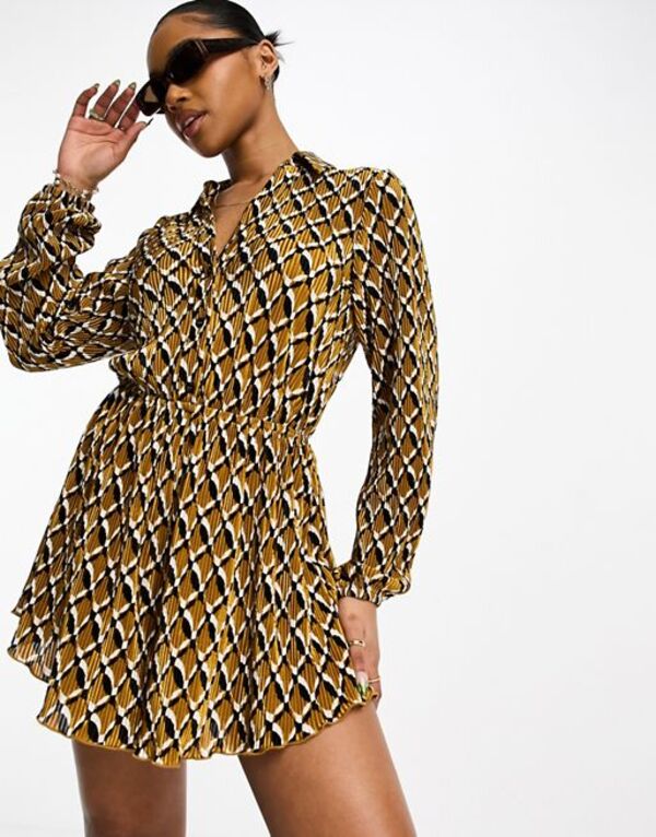 【送料無料】 エイソス レディース ジャンプスーツ トップス ASOS DESIGN plisse collar romper in geo print Geo printのサムネイル