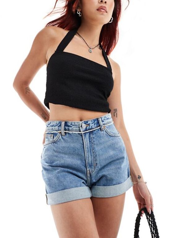  モンキ レディース ハーフパンツ・ショーツ ボトムス Monki Tallie turn up denim shorts in mid blue Mid blue wash