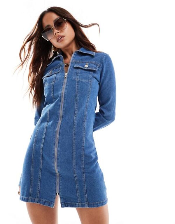  ミスセルフフリッジ レディース ワンピース トップス Miss Selfridge denim zip detail shirt dress in mid blue wash Mid Wash