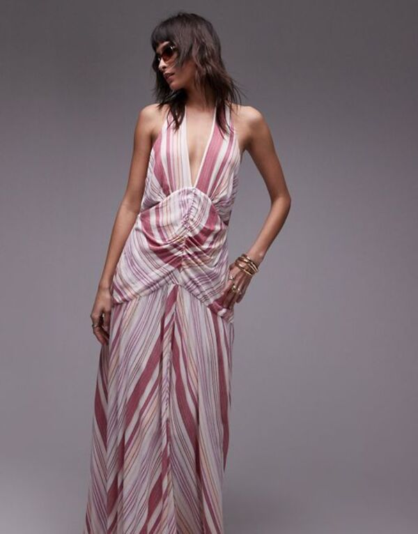  トップショップ レディース ワンピース トップス Topshop halterneck ruched front textured maxi dress in pink stripe PINK