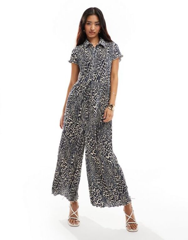 【送料無料】 エイソス レディース ジャンプスーツ トップス ASOS DESIGN short sleeve plisse wide leg jumpsuit in blue animal ANIMAL PRINT