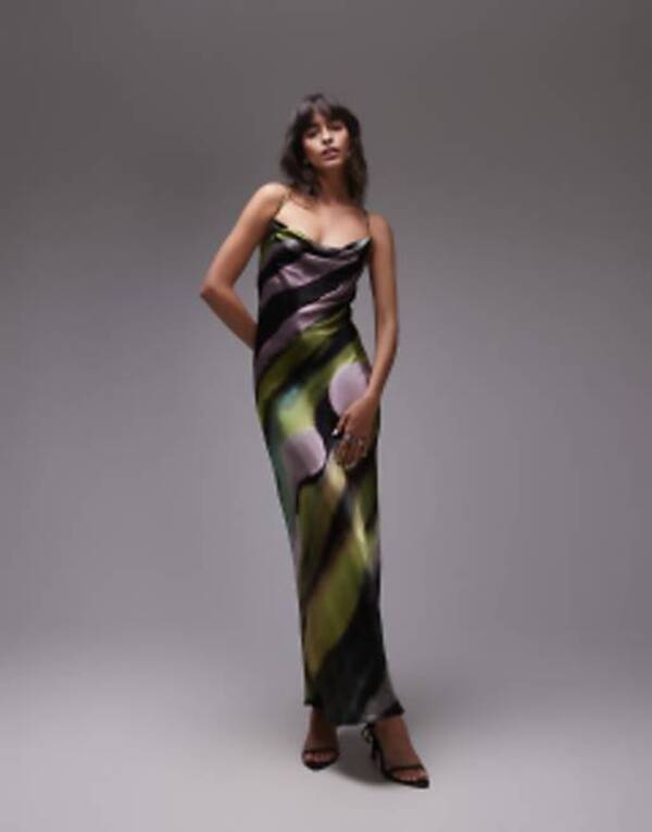 【送料無料】 トップショップ レディース ワンピース トップス Topshop cowl maxi slip dress in marble print multi
