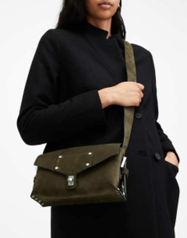 【送料無料】 オールセインツ レディース ショルダーバッグ バッグ AllSaints Miro suede crossbody satchel bag in olive green OLIVE GREEN