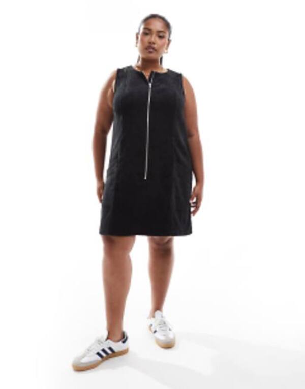 【送料無料】 エイソス レディース ワンピース トップス ASOS DESIGN Curve cord mini zip through dress in black Black