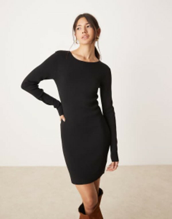 【送料無料】 ミスセルフフリッジ レディース ワンピース トップス Miss Selfridge long sleeve knit compact ribbed mini dress in black Black