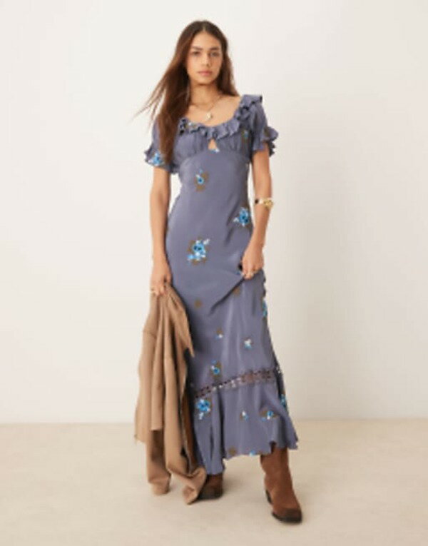 【送料無料】 フリーピープル レディース ワンピース トップス Free People floral embroidered puff sleeve maxi dress in indigo Vintage indigo