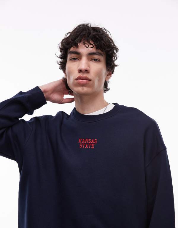 ȥåץޥ   ѡå Сեå å  Topman oversized fit sweatshirt with Kansas State embroidery Navy ͥӡ
