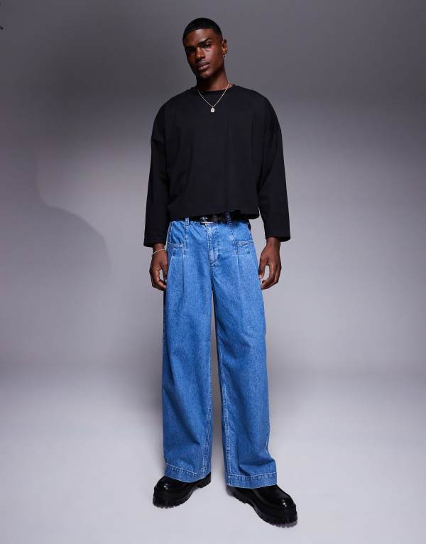 【送料無料】 エイソス メンズ デニムパンツ ボトムス ASOS DESIGN super baggy jeans with pleats INDIGO