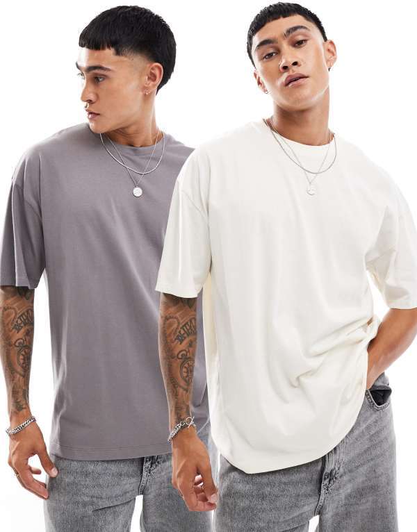 【送料無料】 エイソス メンズ Tシャツ トップス ASOS DESIGN essential 2 pack oversized T-shirts in cream and charcoal Multi