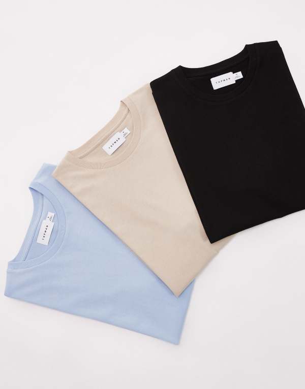 【送料無料】 トップマン メンズ Tシャツ トップス Topman 3-pack regular fit T-shirts in black stone and light blue Multi