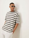 【送料無料】 エイソス メンズ Tシャツ トップス ASOS DESIGN oversized T-shirt in khaki and white strip...