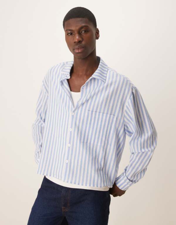 【送料無料】 エイソス メンズ シャツ トップス ASOS DESIGN oversized boxy linen look shirt in blue stripe BLUE