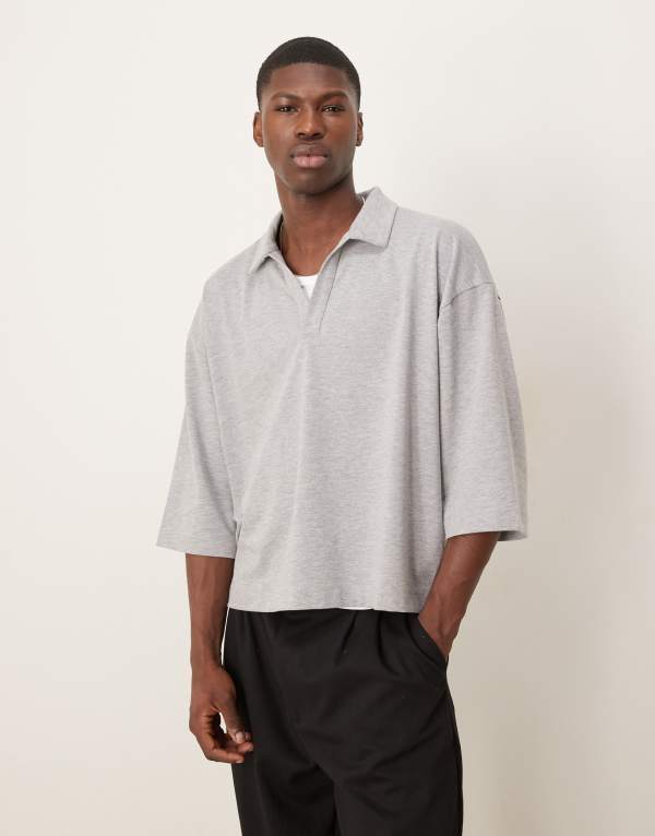 ̵   ݥ ȥåץ ASOS DESIGN oversized boxy v neck polo in g...