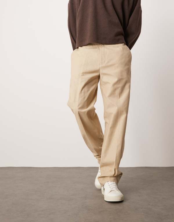 エイソス メンズ ボトムス カジュアルパンツ ストレート パンツ リネン ASOS DESIGN smart straight leg pants in stone linen look STONE ストーン