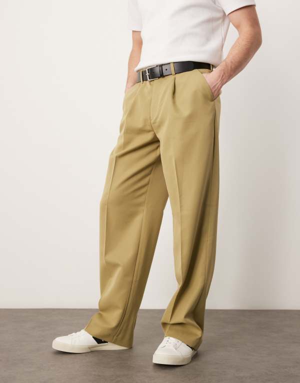 【送料無料】 エイソス メンズ カジュアルパンツ ボトムス ASOS DESIGN smart wide leg pants with front pleat in camel Chartreuse