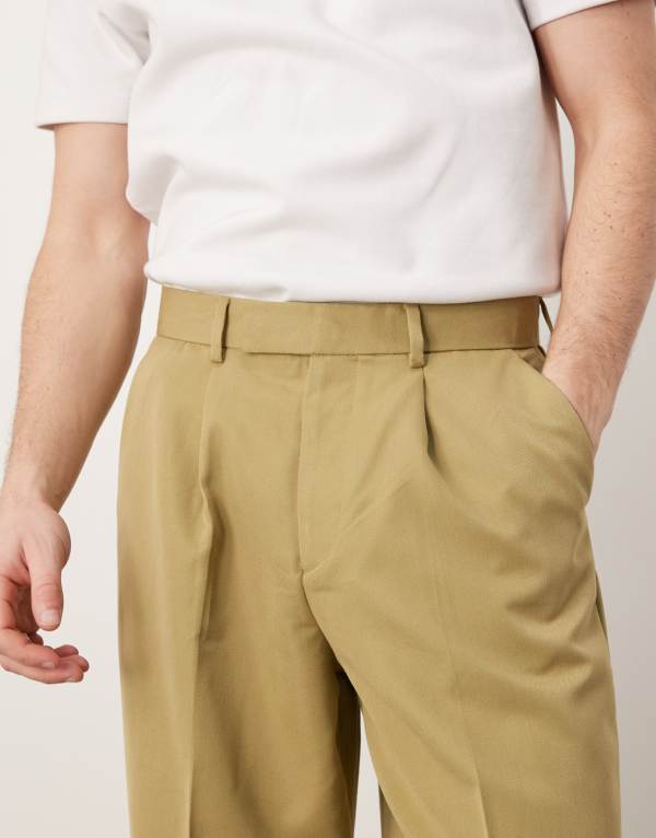 【送料無料】 エイソス メンズ カジュアルパンツ ボトムス ASOS DESIGN smart wide leg pants with front pleat in camel Chartreuse