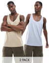 【送料無料】 エイソス メンズ ベスト トップス ASOS DESIGN 2 pack vests in light blue and beige Multi(4)