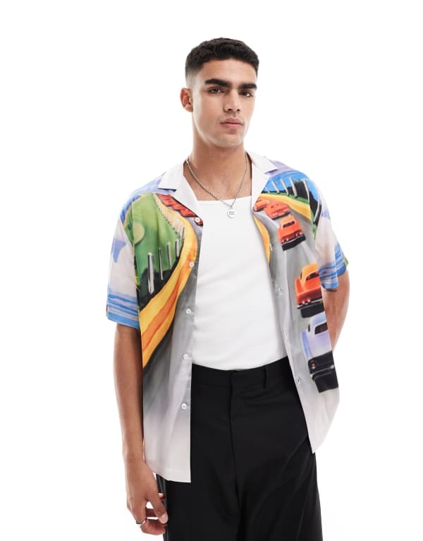 ̵    ȥåץ ASOS DESIGN relaxed camp collar shirt with sc...