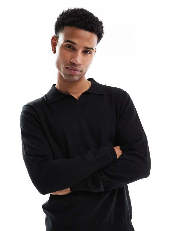 【送料無料】 スリードベア メンズ ポロシャツ トップス Threadbare long sleeve trophy neck knitted top in black Black