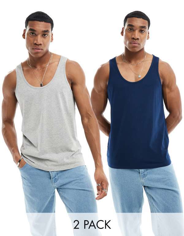 ̵   ٥ ȥåץ ASOS DESIGN 2 pack tank tops in navy and heat...