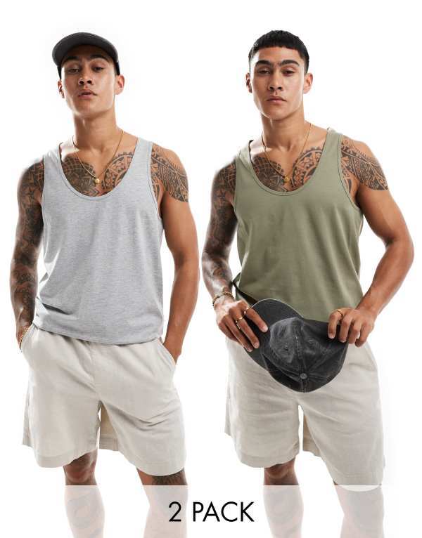 ̵   ٥ ȥåץ ASOS DESIGN 2 pack tank tops in khaki and gra...