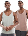【送料無料】 エイソス メンズ ベスト トップス ASOS DESIGN 2 pack tank tops in washed green and brown Multi(4)