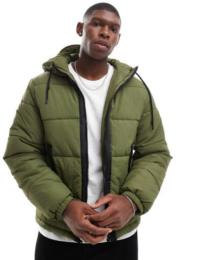 【送料無料】 エイソス メンズ ジャケット・ブルゾン アウター ASOS DESIGN nylon puffer jacket with contrast trim in khaki Khaki