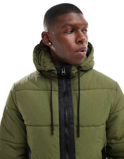 【送料無料】 エイソス メンズ ジャケット・ブルゾン アウター ASOS DESIGN nylon puffer jacket with contrast trim in khaki Khaki
