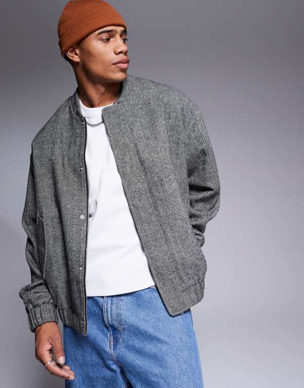 【送料無料】 エイソス メンズ ジャケット・ブルゾン アウター ASOS DESIGN oversized wool look herringbone bomber jacket in black Black