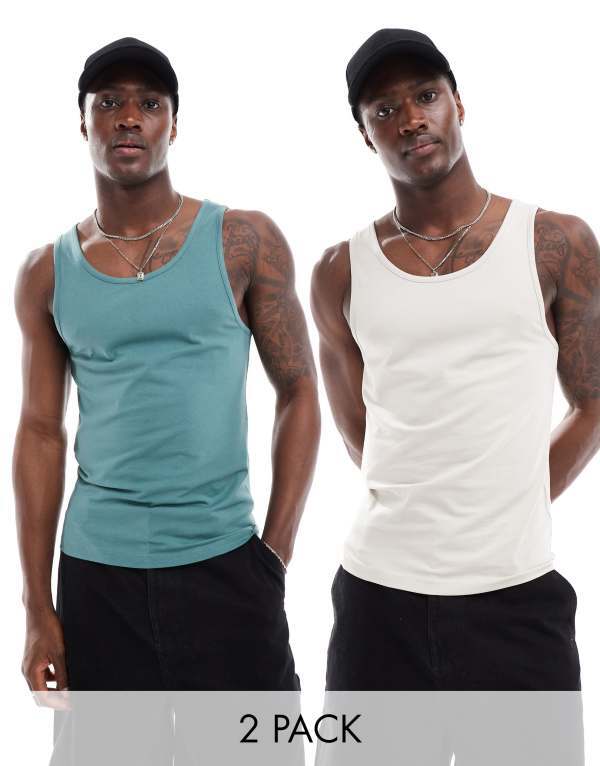 ̵   ٥ ȥåץ ASOS DESIGN 2 pack muscle fit tank tops in st...