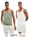 【送料無料】 エイソス メンズ ベスト トップス ASOS DESIGN 2 pack tank tops in white and mid green Multi