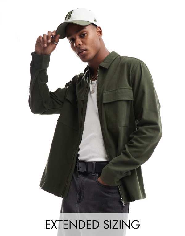 ̵    ȥåץ ASOS DESIGN overshirt with front zip in bottl...