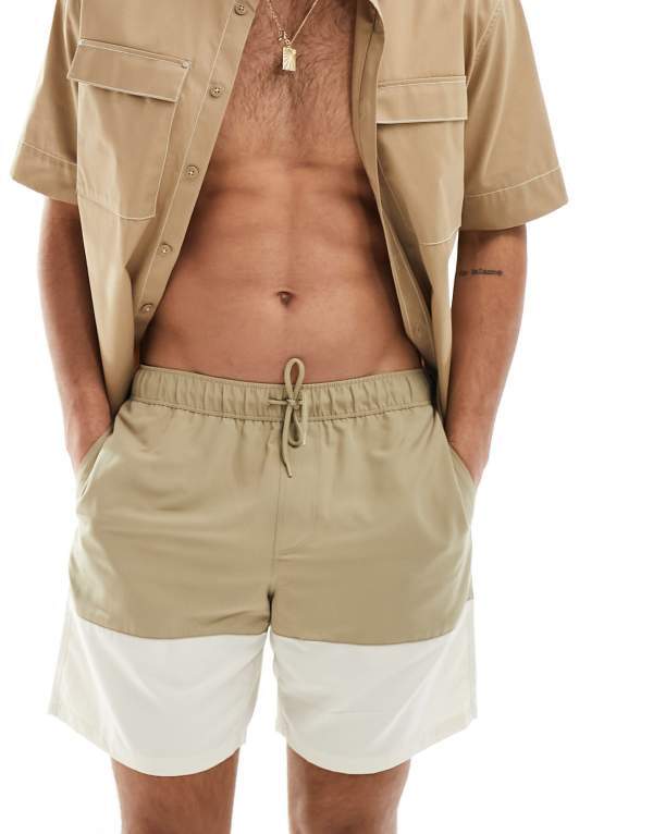 【送料無料】 エイソス メンズ ハーフパンツ・ショーツ 水着 ASOS DESIGN swim shorts in mid length in khaki block print Khaki