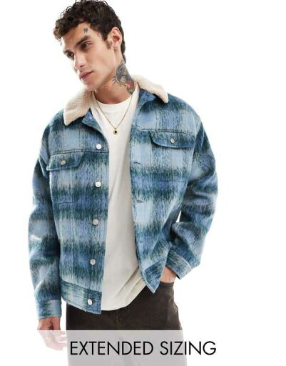 【送料無料】 エイソス メンズ ジャケット・ブルゾン アウター ASOS DESIGN oversized wool look trucker jacket in blue plaid with borg collar BLUE 【送料無料】 エイソス メンズ ジャケット・ブルゾン アウター ASOS DESIGN oversized wool look trucker jacket in blue plaid with borg collar BLUE