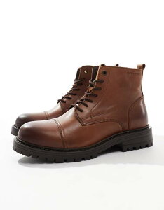 【送料無料】 ジャック アンド ジョーンズ メンズ ブーツ・レインブーツ シューズ Jack & Jones chunky leather lace up boot in brown Cognac